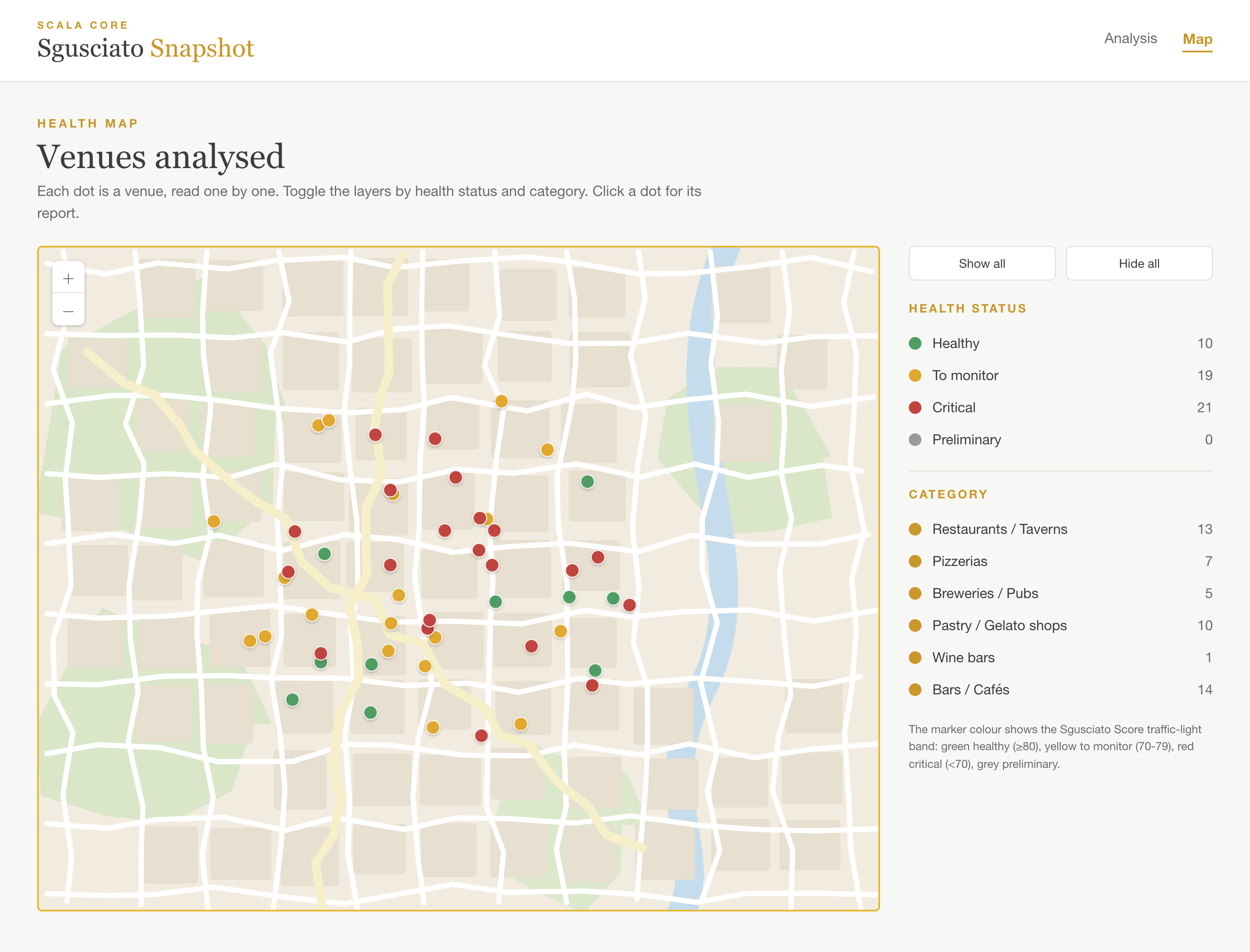 Health Map: the venues in an area, read one by one. Sgusciato Snapshot