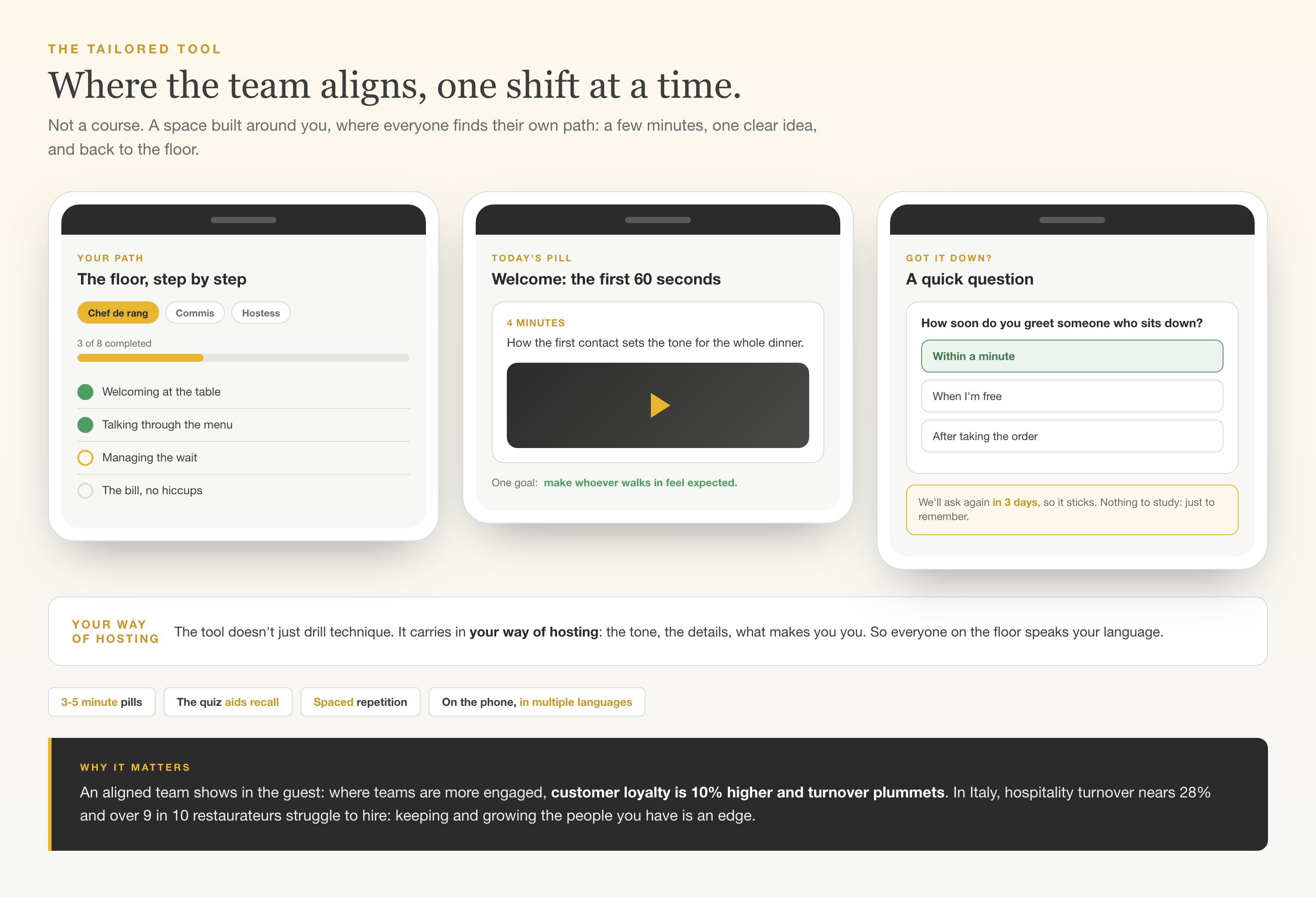 A tailored tool for staff alignment: paths by role, short pills, quizzes and review